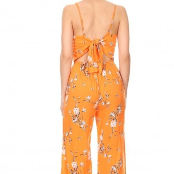 Shosho size small orange floral tie back jumpsuit with slit lower legs - Picture 11 of 11
